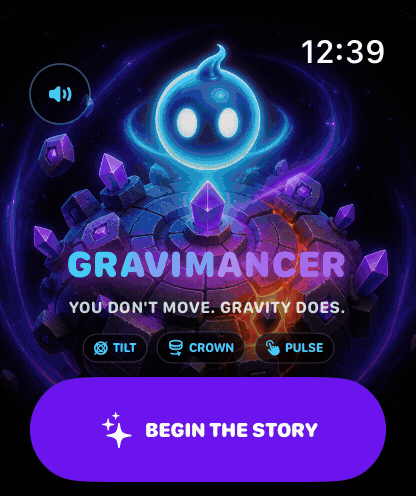 Animated Gravimancer gameplay showing the magical orb and world screens