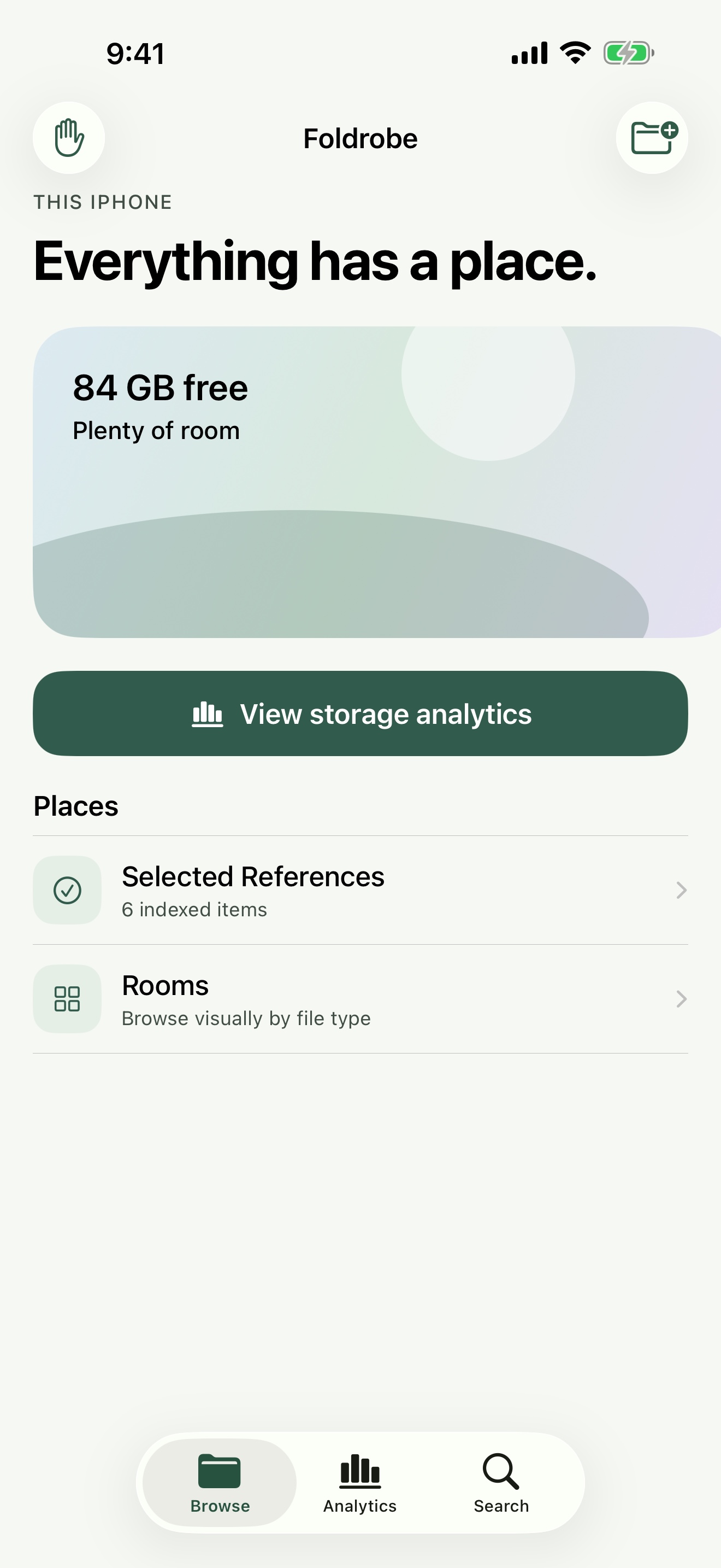 Foldrobe Browse screen showing indexed file locations