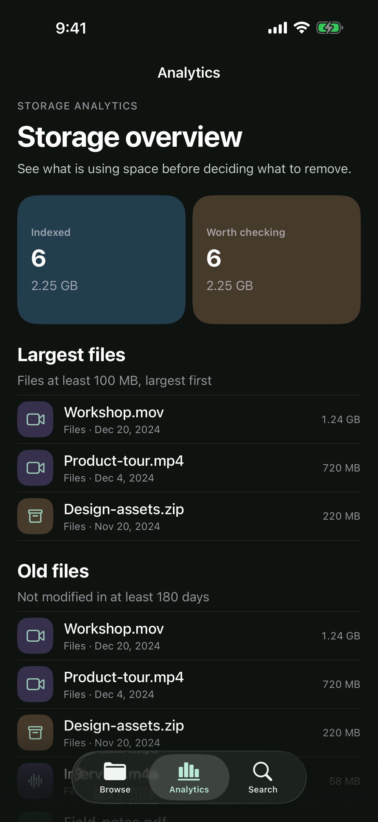 Foldrobe storage analytics ranking files by size and age